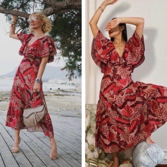 Johanne Ortiz X H&M Floral Eyelet Embroidered Ruffle Maxi Dress Pink Red Size XL - Picture 1 of 16